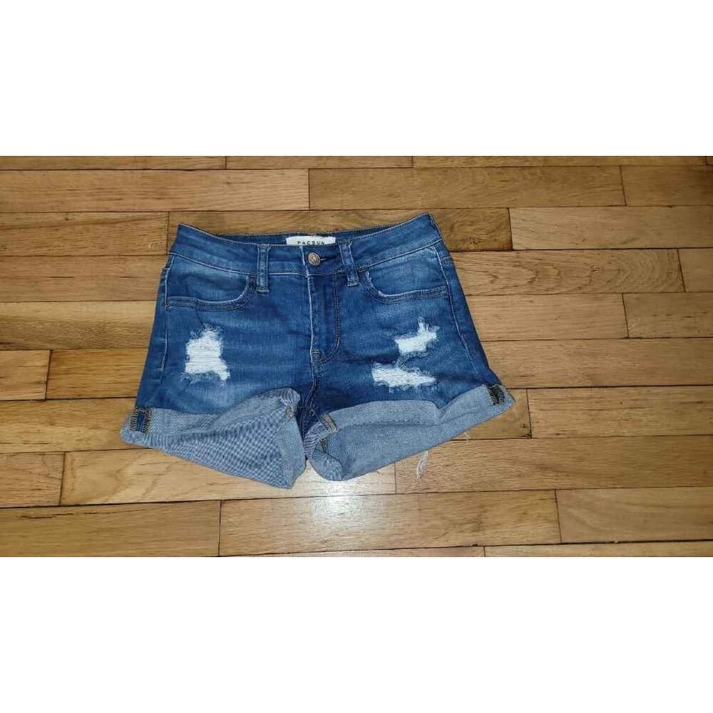 PacSun Super Stretch Shortie Blue Denim Distressed Short 24" Festival Grunge Y2K
